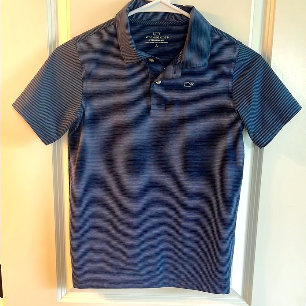 Vineyard Vines boys Navy Striped performance Polo, youth Small.